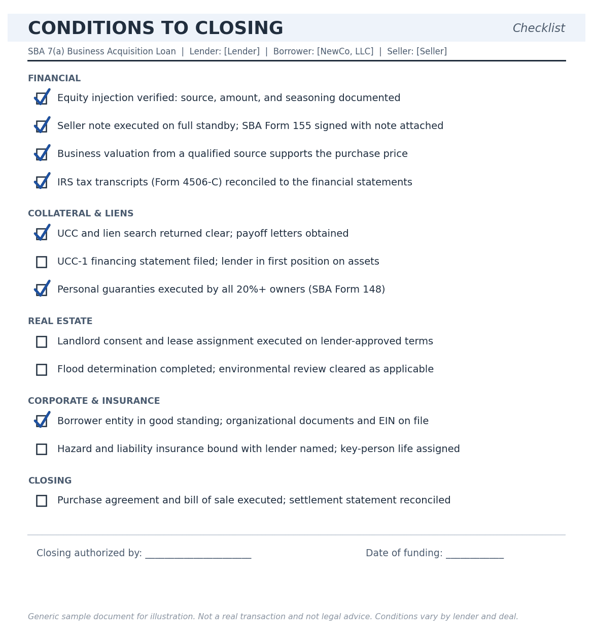 A generic SBA 7(a) acquisition closing-conditions checklist with items such as equity injection, seller note standby, lien filings and landlord consent, several checked off in pen