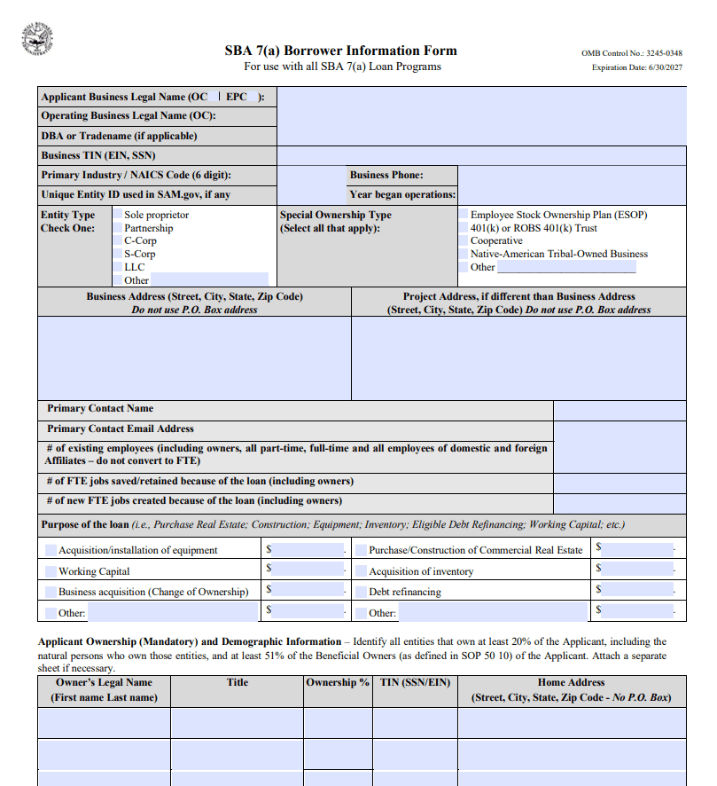 Screenshot of a blank SBA Form 1919 Borrower Information Form, showing the ownership disclosure and eligibility question sections. Use the current blank form from SBA.gov with no entered data.