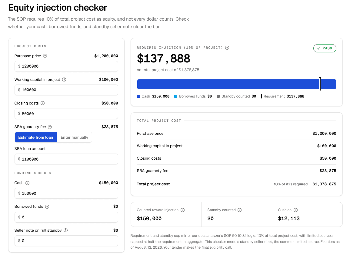 The equity injection checker showing total project cost and the required versus counted injection with the standby cap