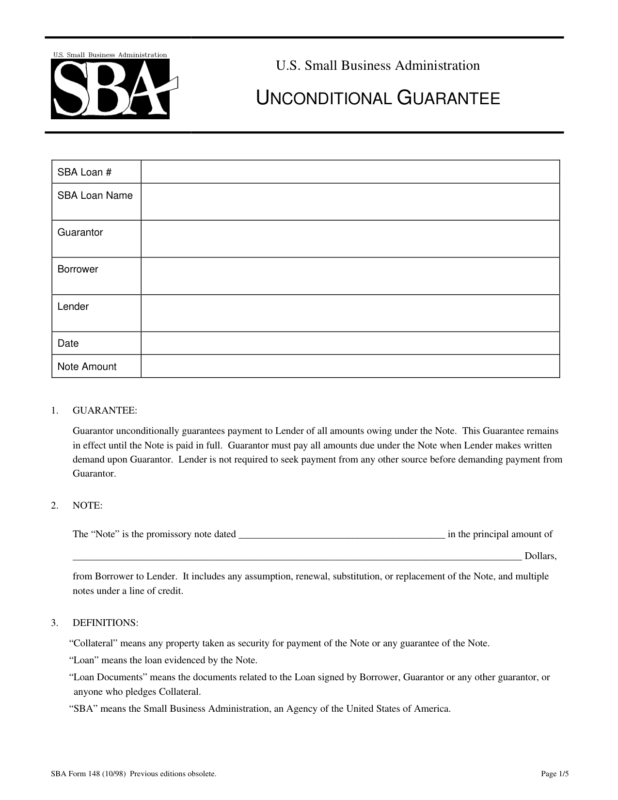 Blank SBA Form 148, the Unconditional Guarantee, showing the guarantor, borrower and note fields left empty