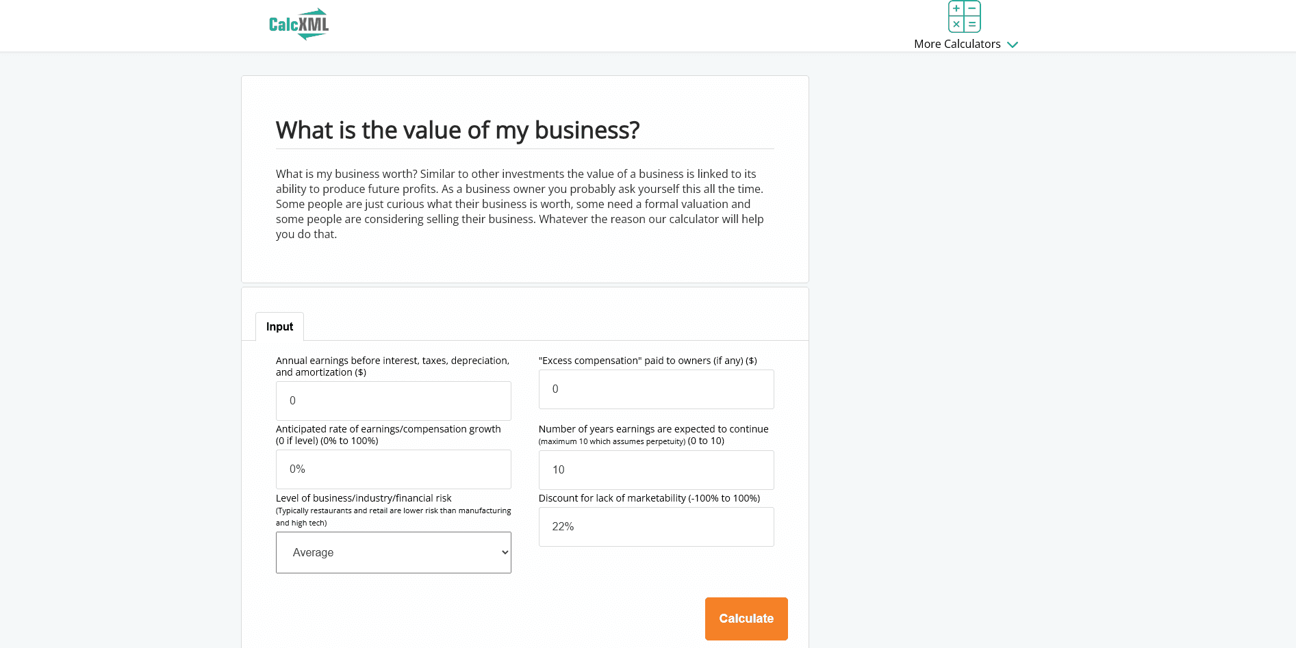 Screenshot of the input form on a well known free business valuation calculator, showing the short list of fields it asks for such as annual revenue, net profit, owner compensation, industry, and years in business, before it returns a valuation range. Capture the empty form rather than a result. Source note: caption should name the specific tool and the date captured.