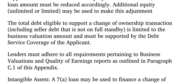 SOP 50 10 8.1 passage: total debt supporting a change of ownership is limited to the business valuation amount