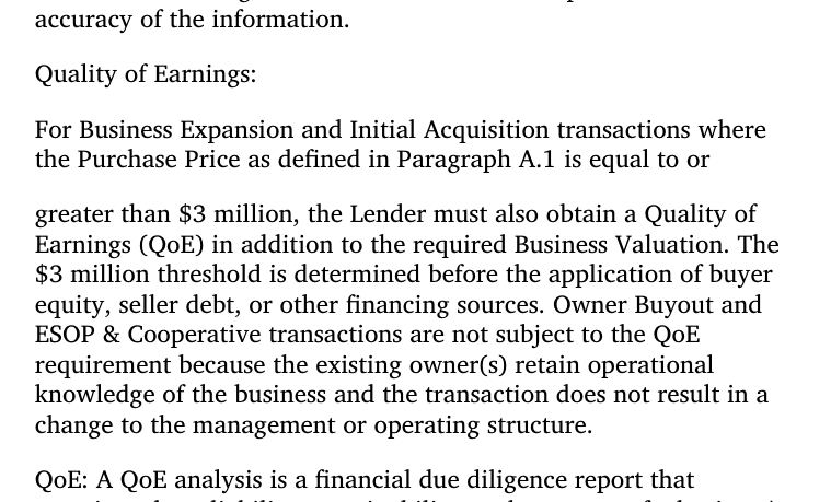 SOP 50 10 8.1: QoE required at or above a $3 million purchase price, measured before financing