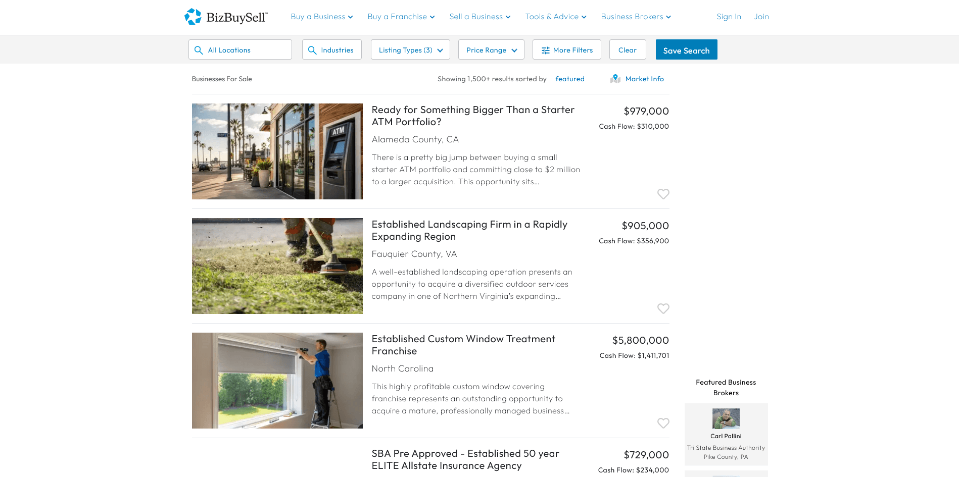 Screenshot of a business-for-sale marketplace search results page showing several listings with asking price, gross revenue, and cash flow figures visible, to illustrate how listings present financial summaries as marketing.