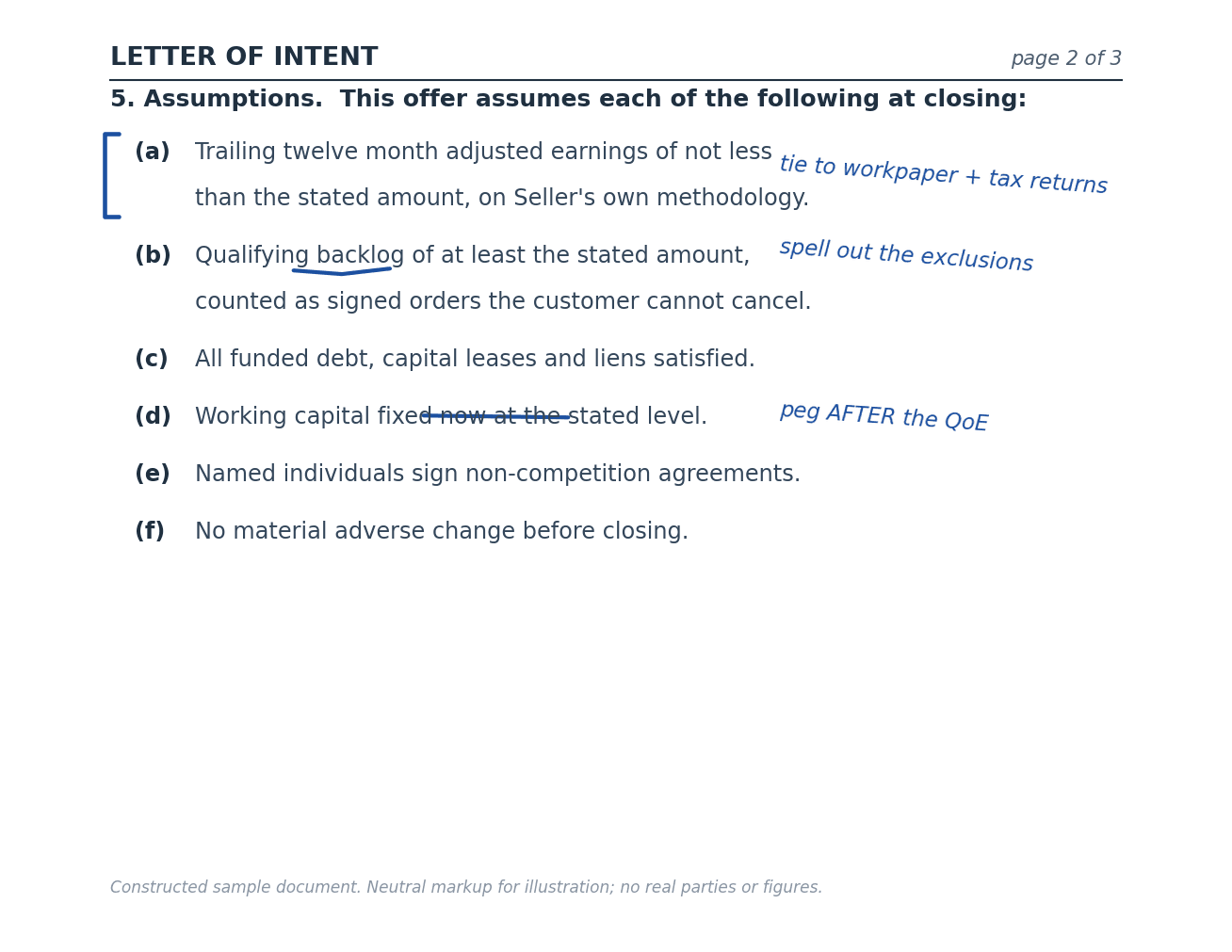 A printed letter of intent assumptions page marked up in pen with a margin bracket, an underline and a struck-through line