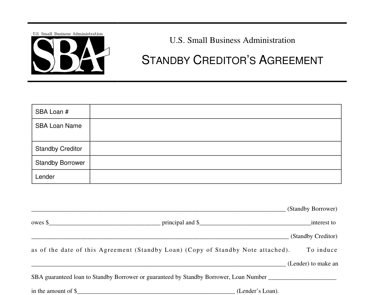 SBA Form 155 Standby Creditor's Agreement, header and opening section