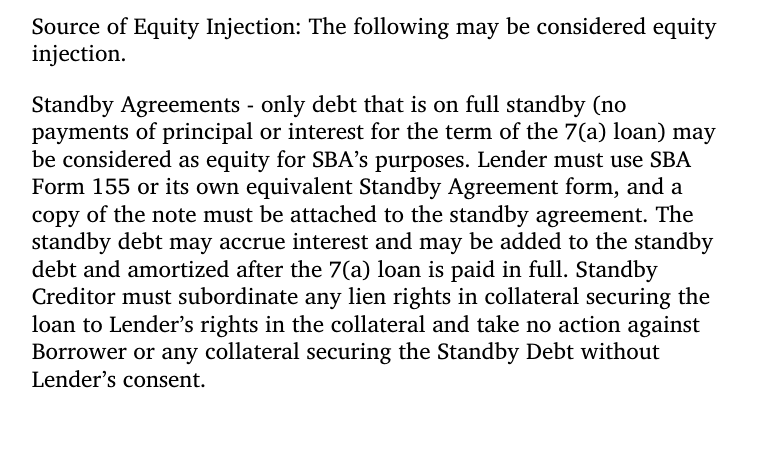 SOP 50 10 8.1 standby debt definition: no principal or interest for the 7(a) term, documented on Form 155